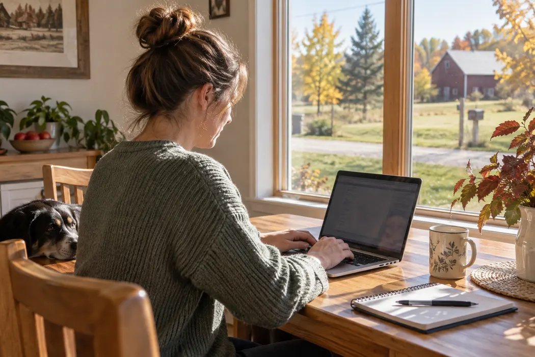 Person entering a home address into a laptop at a sunlit table, screen not readable