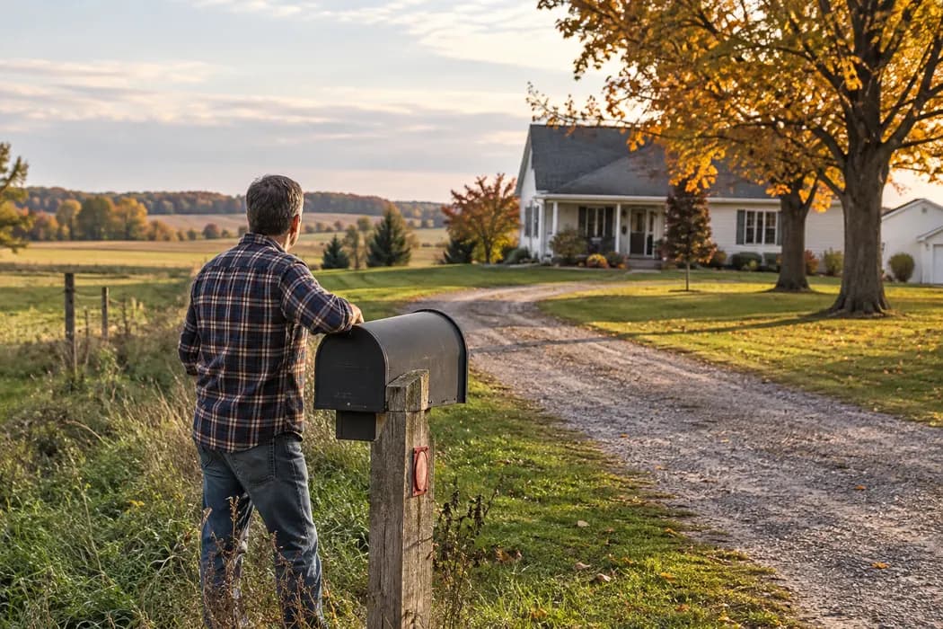 Homeowner standing beside their rural mailbox looking toward house and open fields