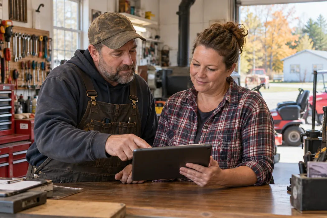 Owners of a small repair shop considering a tablet together beside service counter