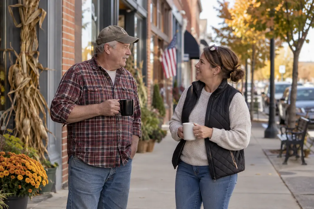 Two neighbors talking on a modest Midwestern town sidewalk beside brick storefronts
