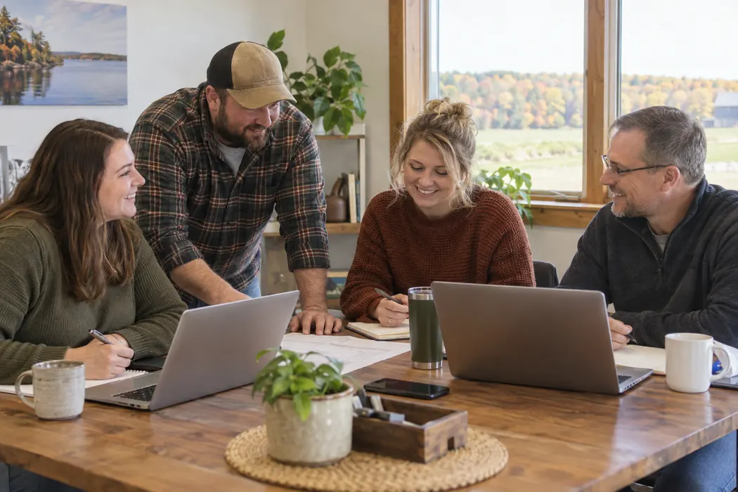 Small local business team planning around a wooden table in a bright unbranded office