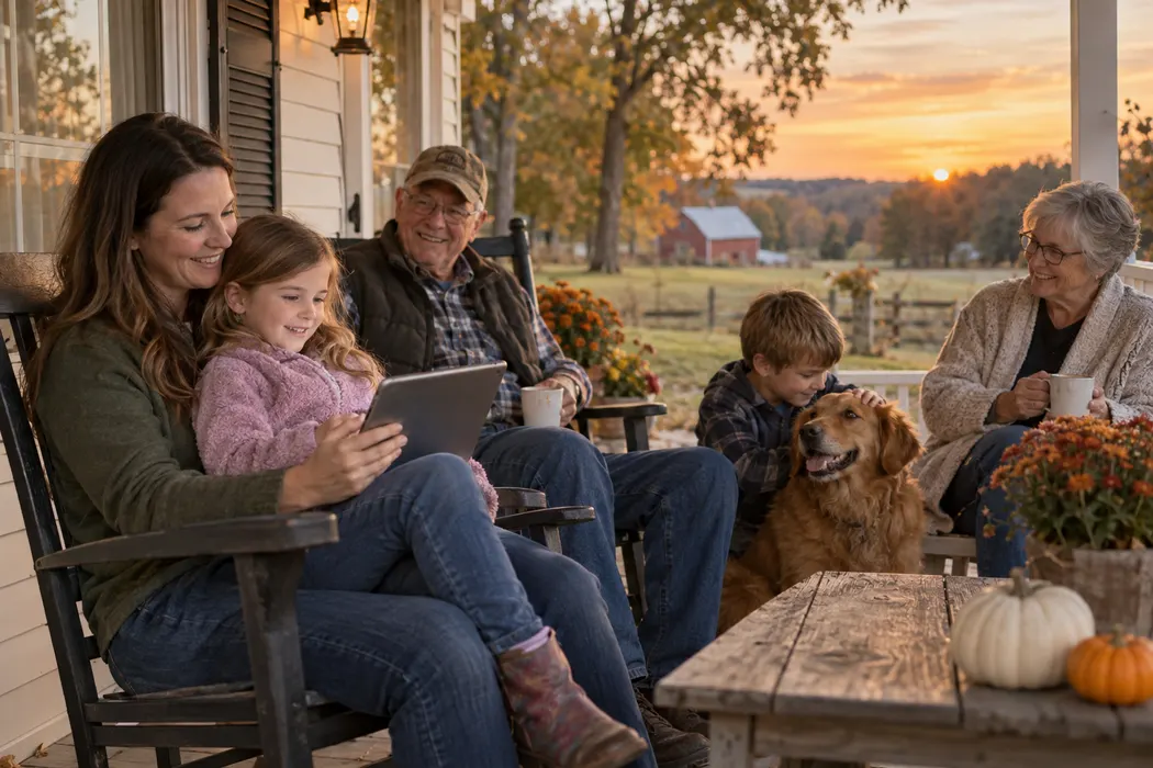 Multigenerational family sitting on a rural front porch at sunset