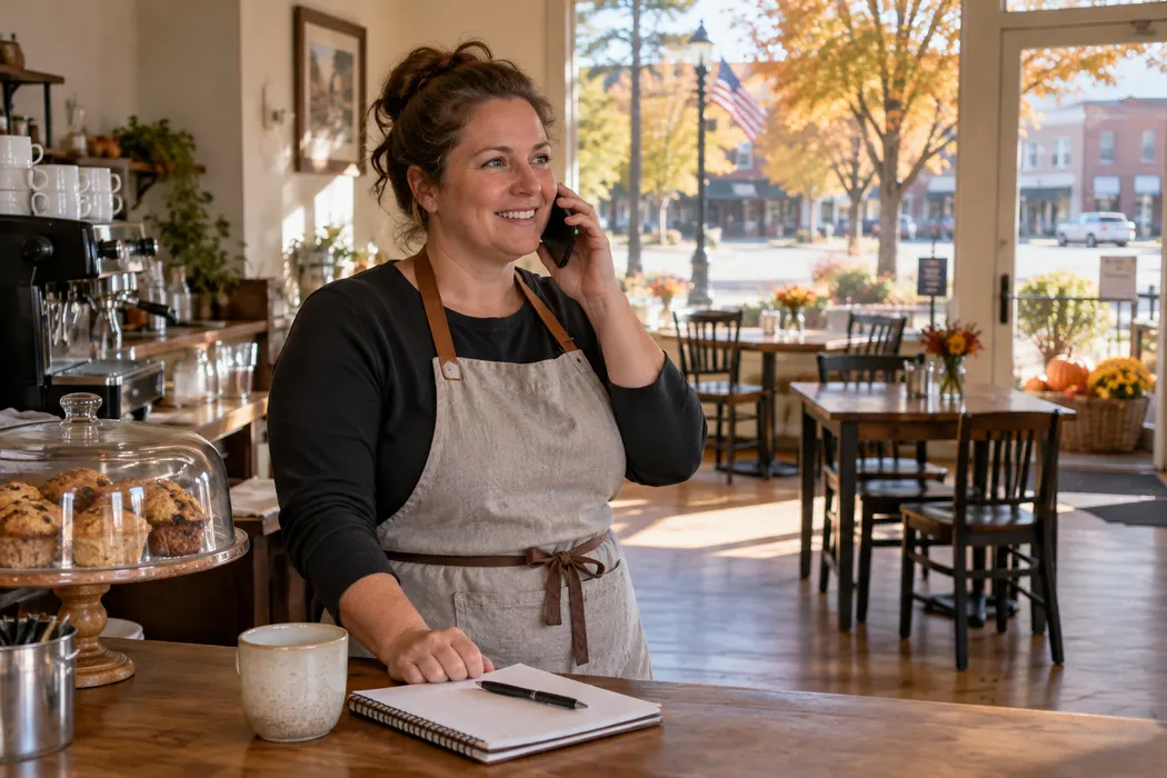 Small business owner making a phone call in a welcoming cafe before opening