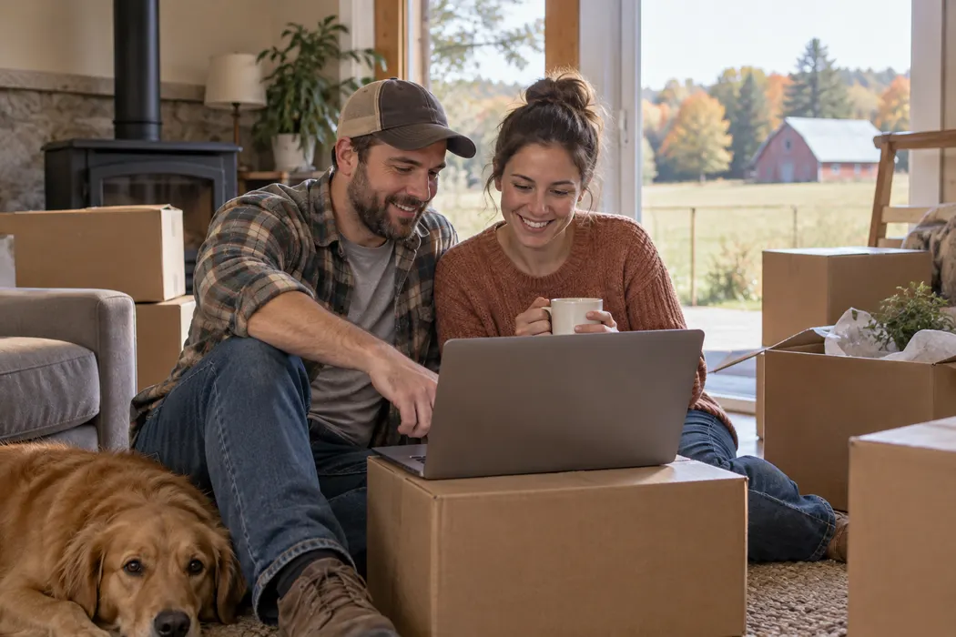 Couple with moving boxes using a laptop in their new rural home