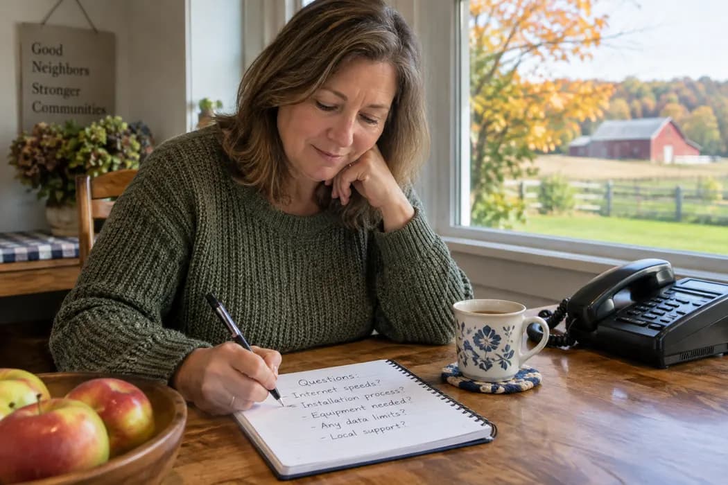Hands writing questions in a notebook beside a landline phone and a cup of tea