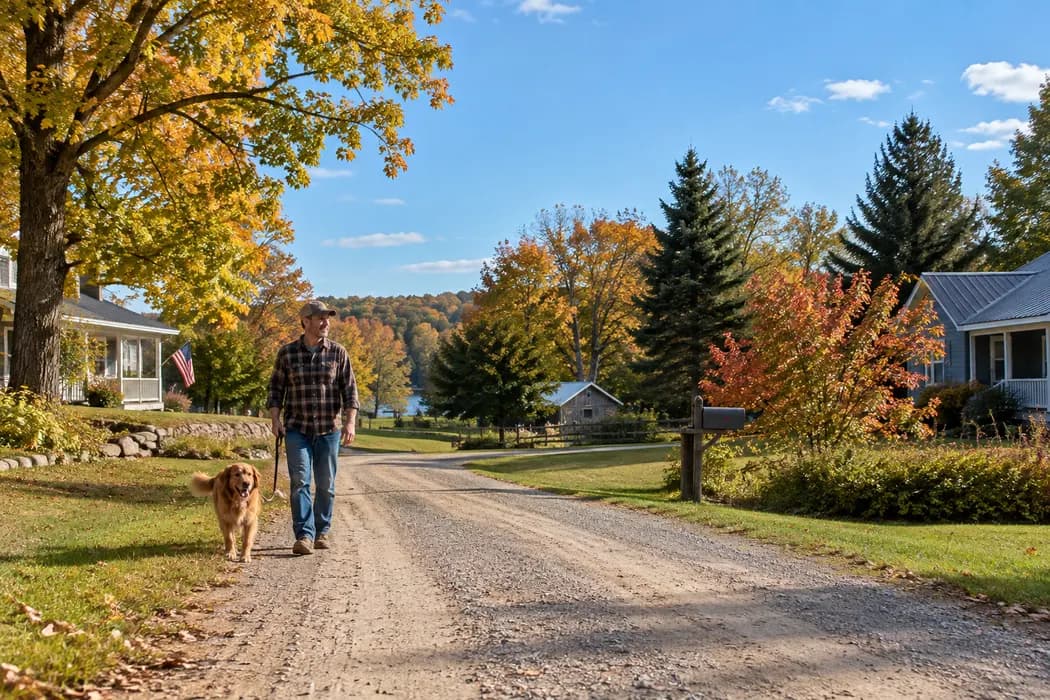 Rural gravel road passing a few scattered homes and deciduous trees under blue sky