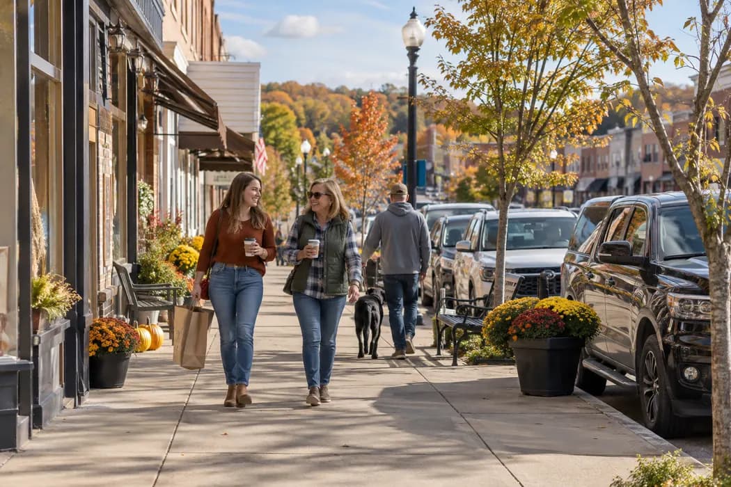 Small commercial strip with local shops and parked cars in a Midwestern town
