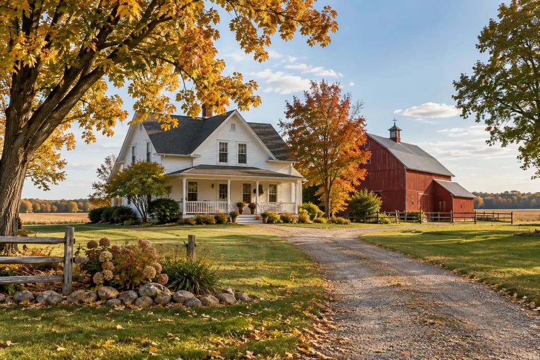 White farmhouse with red barn beside flat fields in early autumn