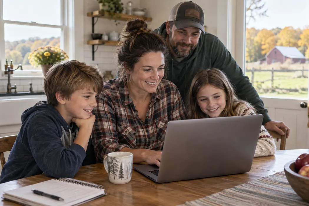 Parents and two school-age children using a laptop together in a bright farmhouse kitchen