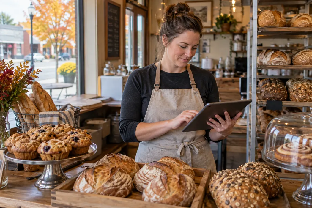 Owner of a small-town bakery checking orders on a tablet beside fresh bread
