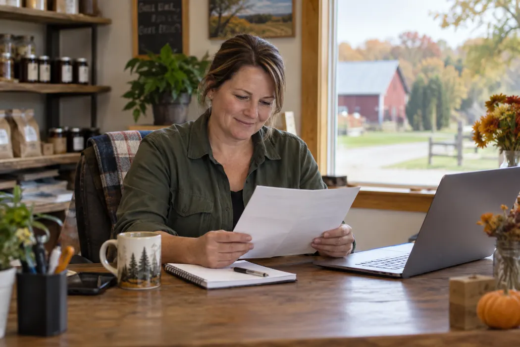 Business owner reading a short printed service document at a desk, no legible text