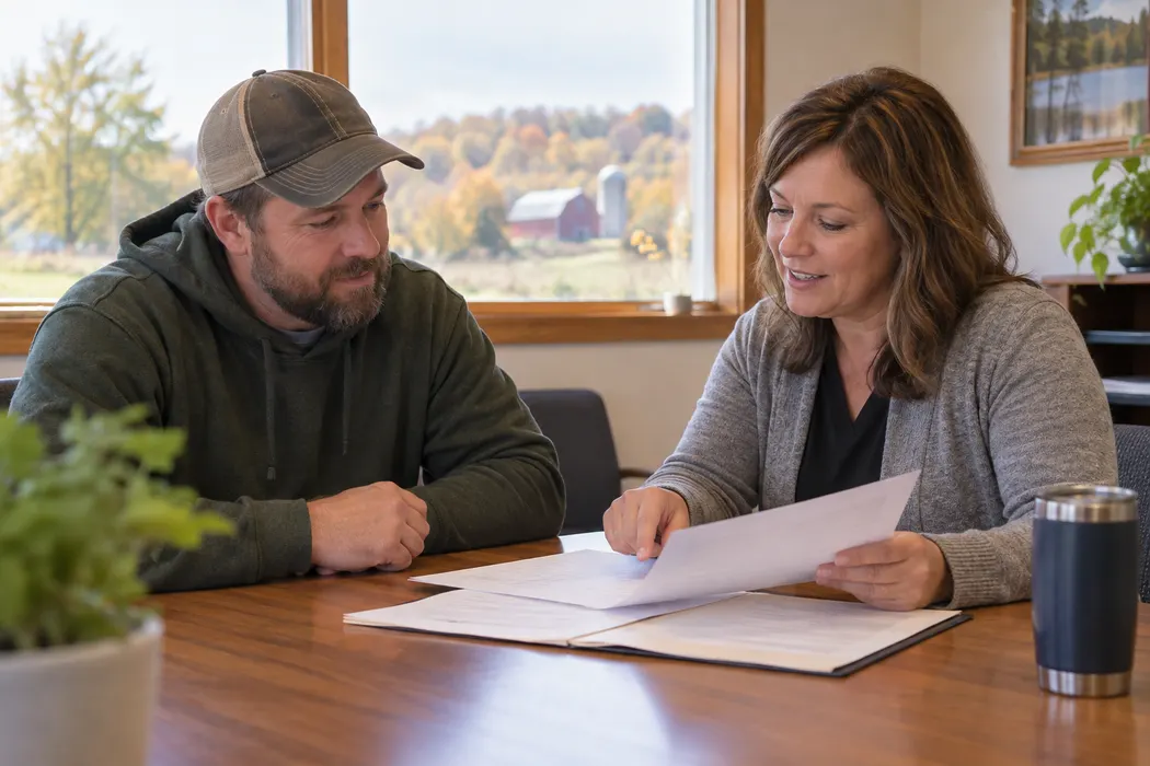 Two adults discussing paperwork over a table in a local office, no signature action