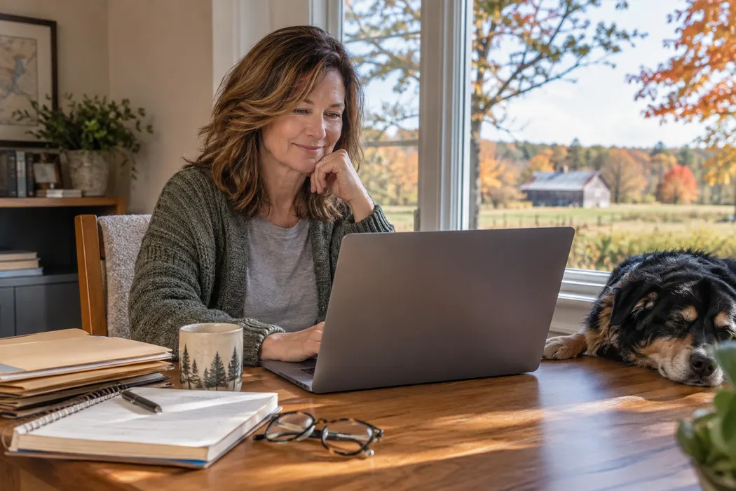 Organized home desk with plain folders, reading glasses and notebook by window