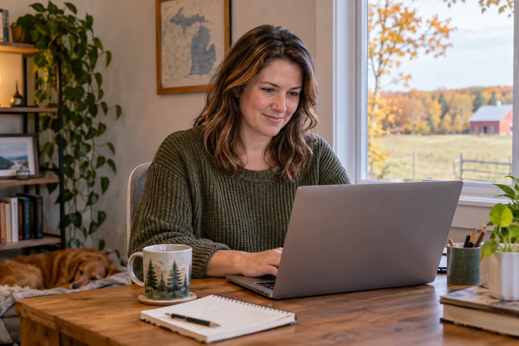 Woman using a laptop privately at a tidy home office, no screen visible