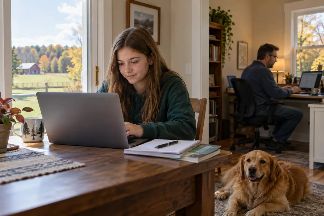 Family home with a student at a laptop in foreground and parent at another desk in background