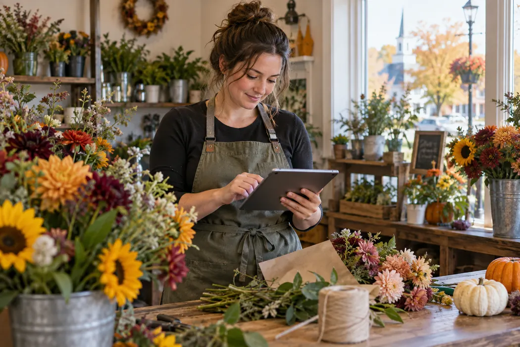 Florist checking online orders on a tablet surrounded by flowers in a small shop