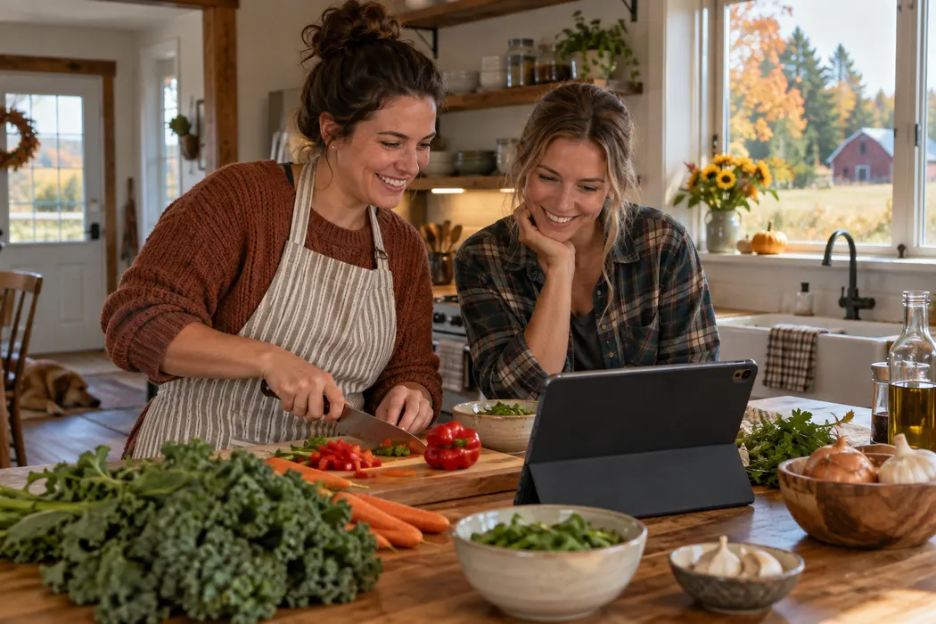 Friends watching a cooking tutorial on a tablet while preparing dinner in a rural kitchen