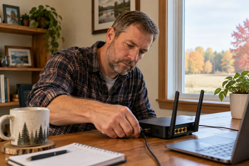 Adult checking the power lead on a router sitting on a desk, simple normal home setting