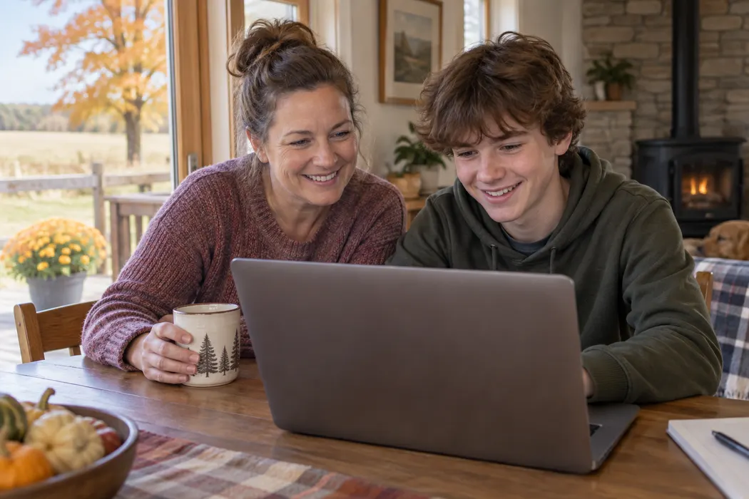 Parent and teenager checking a laptop together after troubleshooting, relaxed home setting