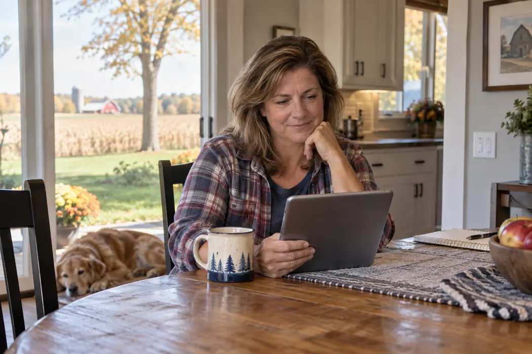 Homeowner reviewing a service brochure on tablet before making a decision, screen away