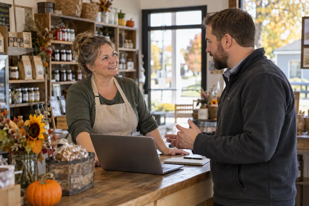 Small shop owner discussing needs with an unbranded adviser at a counter