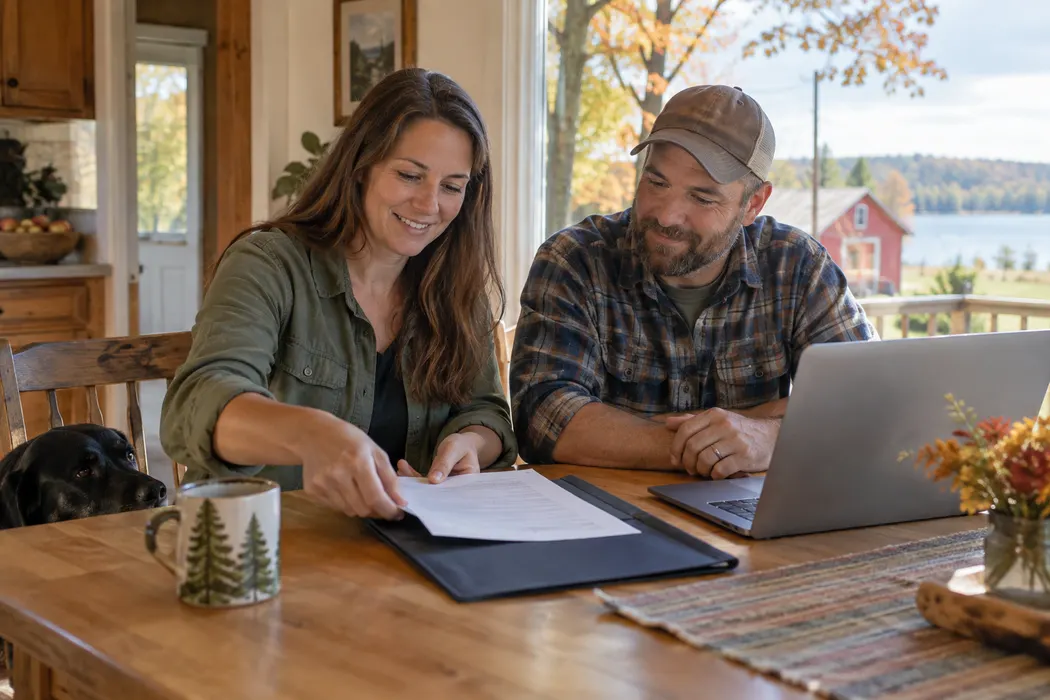 Hands placing a printed agreement in a neat folder beside a laptop, no readable text