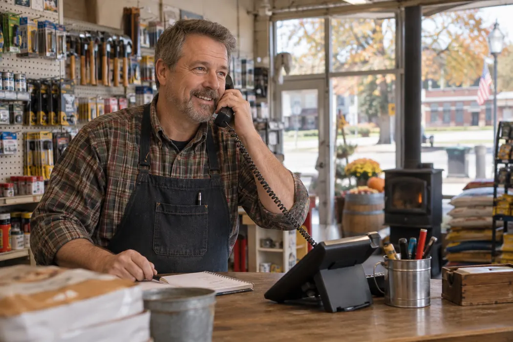 Small-town hardware store owner answering a modern desk phone at the counter