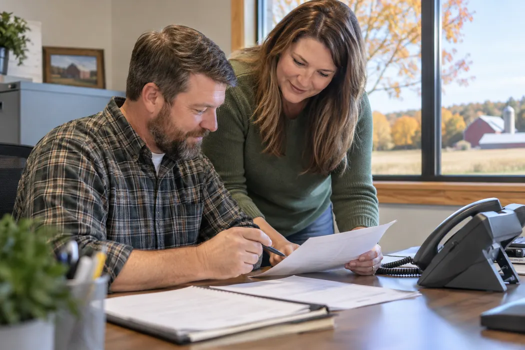 Two coworkers reviewing a call schedule beside a modest office phone, papers without readable text