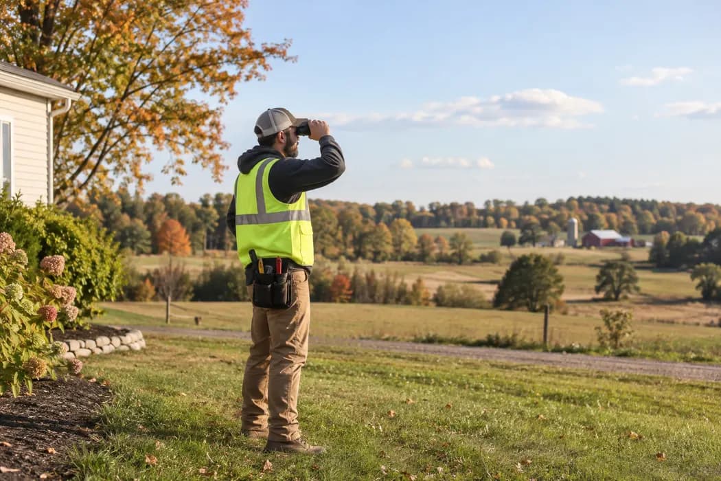 Safety-equipped installer standing on ground checking line of sight toward open fields