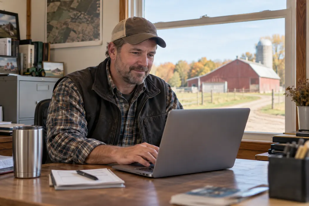 Farmer checking a laptop in a tidy farm office with barn visible through window